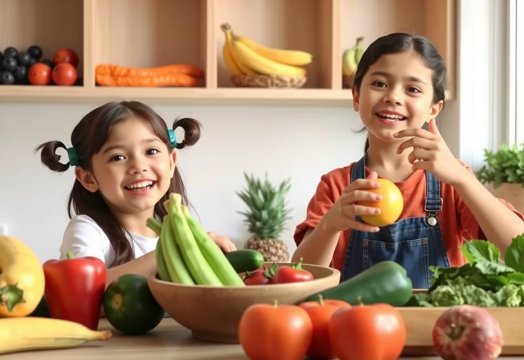 Bambini che mangiano frutta e verdura
