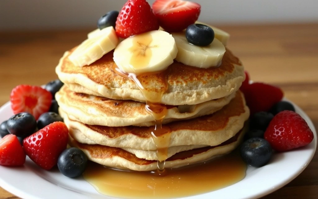 Pancakes integrali con sciroppo d'acero e frutta