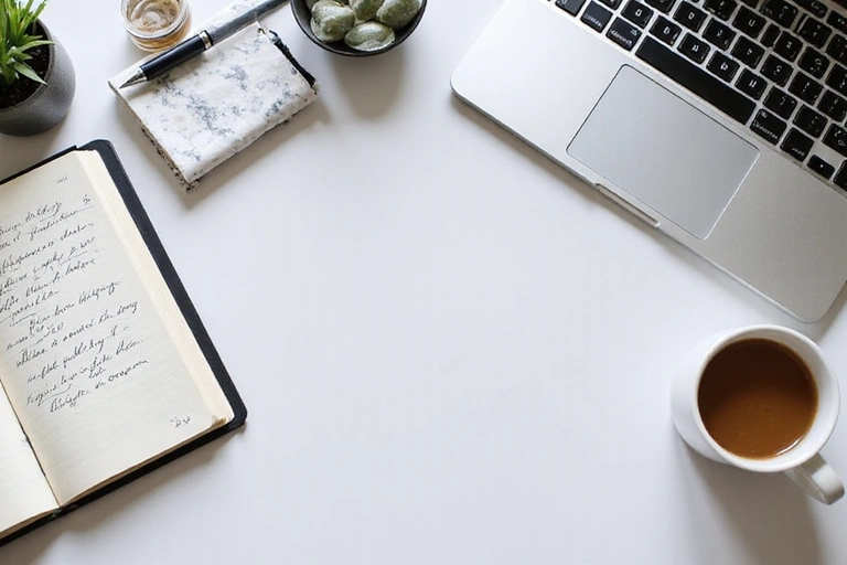 An overhead view of a clean desk with a laptop, a notepad, a pen, and a cup of coffee, representing organized communication and work.