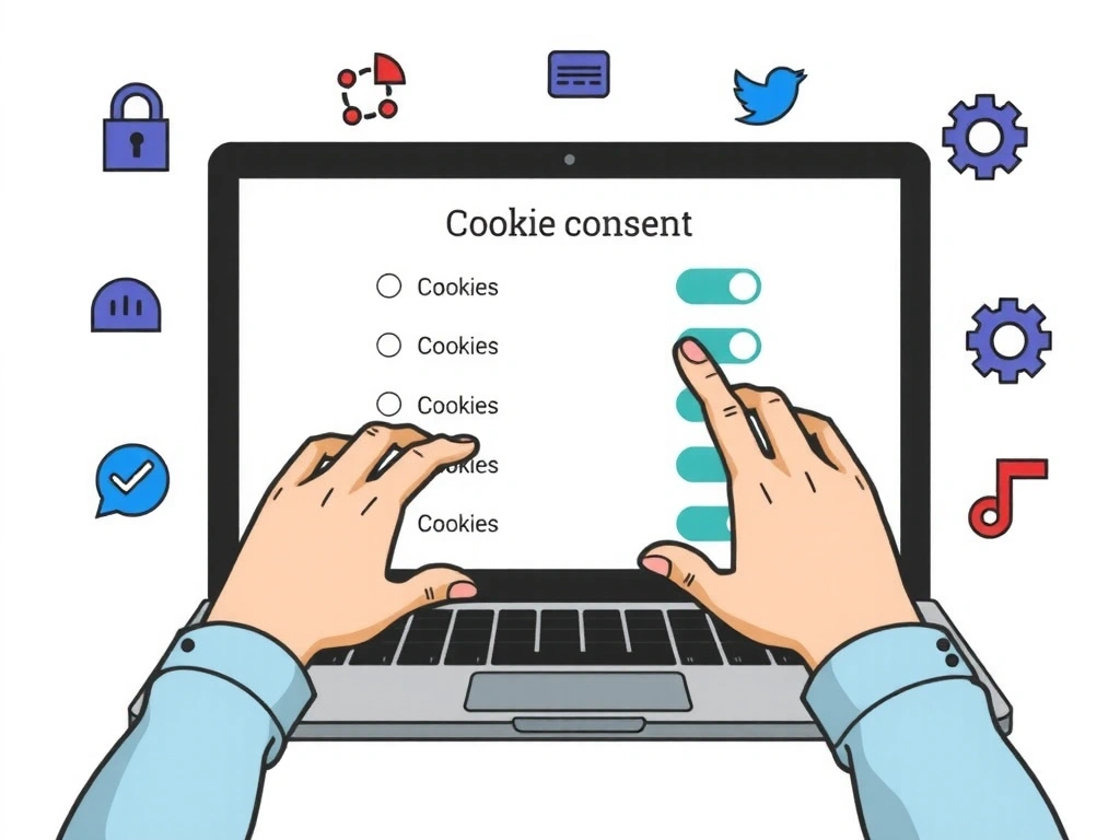 Illustration of a person customizing cookie settings on a computer screen, with gears and privacy icons