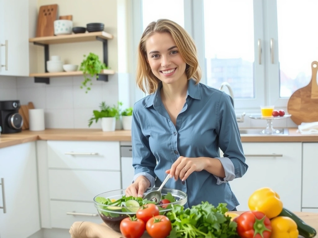 Una donna sorridente che prepara un'insalata fresca e colorata in una cucina moderna e luminosa, con verdure assortite sul bancone.
