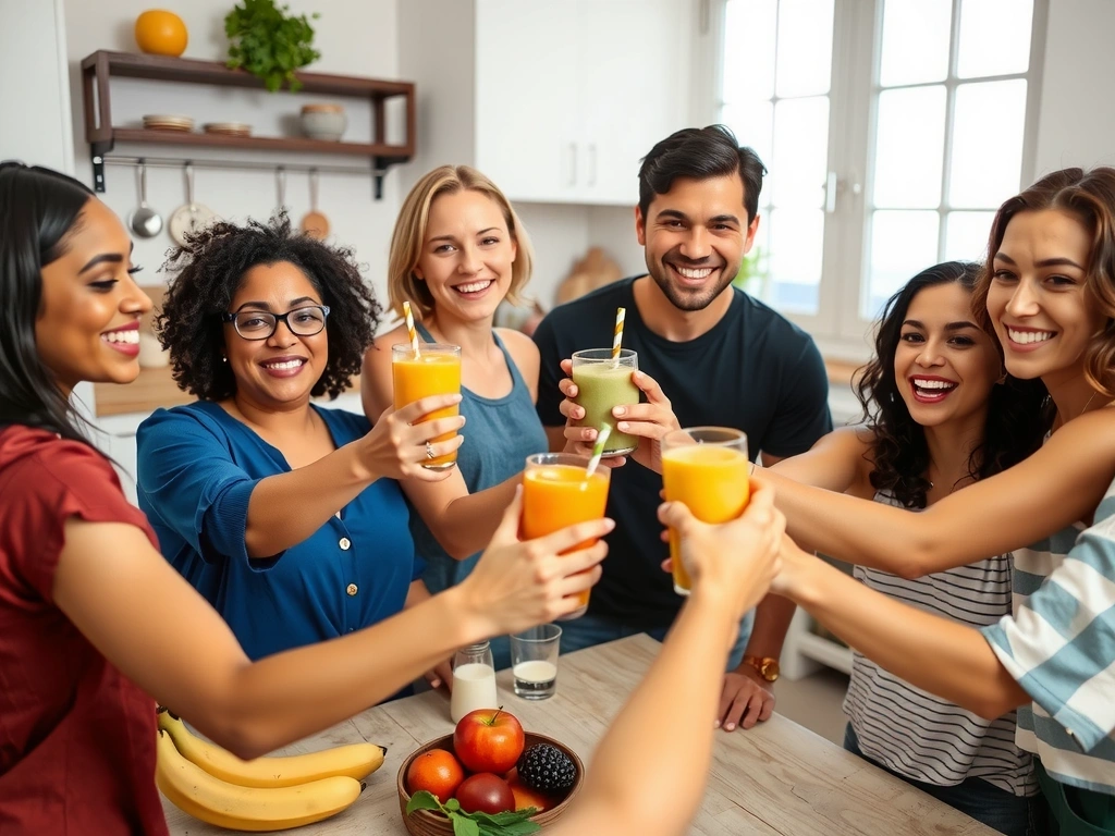 Gruppo di persone sorridenti che fanno un brindisi con smoothie sani