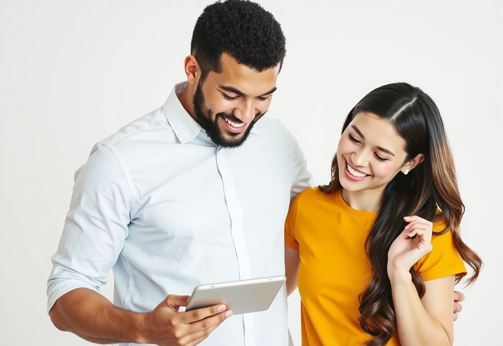 Uomo e donna sorridenti che consultano un tablet con grafici di nutrizione, simbolo di consulenza professionale e personalizzata.
