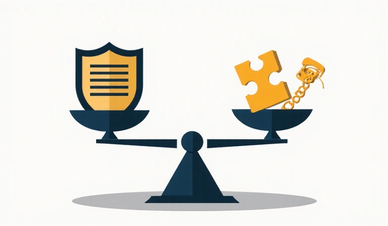 Illustration of a balanced scale with a shield on one side and a broken chain on the other, representing legal protection and disclaimer of liability